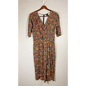 J. Peterman Faux Wrap Dress Womens Sz 12 Brown Floral‎ Stretch Pleated Midi